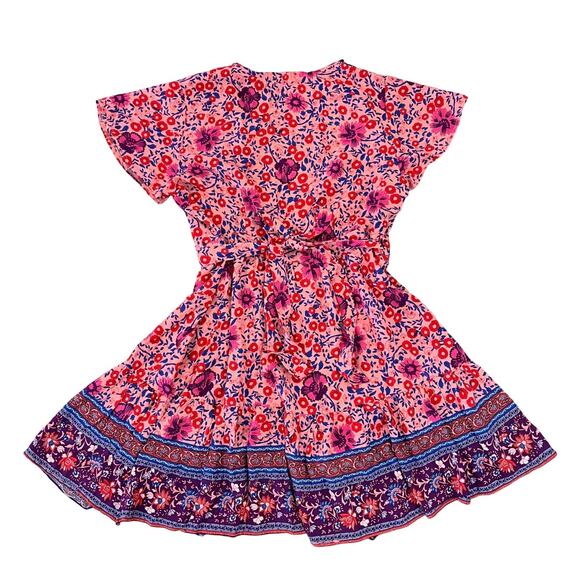NWT ZESICA Pink Floral Wrap V-Neck Bohemian Ruffle Swing Mini Dress - SIZE L - Picture 3 of 8